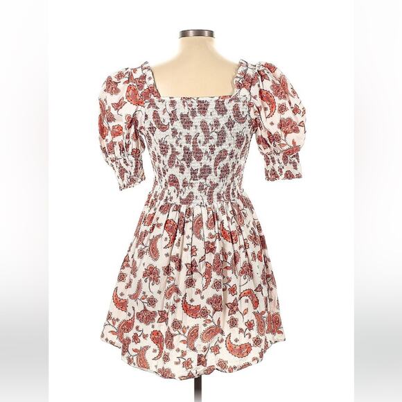 Everlily paisley patterned white and red puffed sleeve smocked milkmaid dress, L - Picture 2 of 9